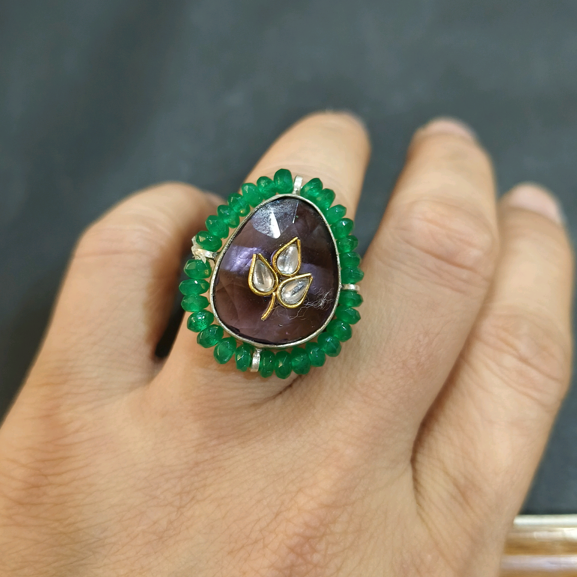 Eraa Amethyst Ring with Green Beads around